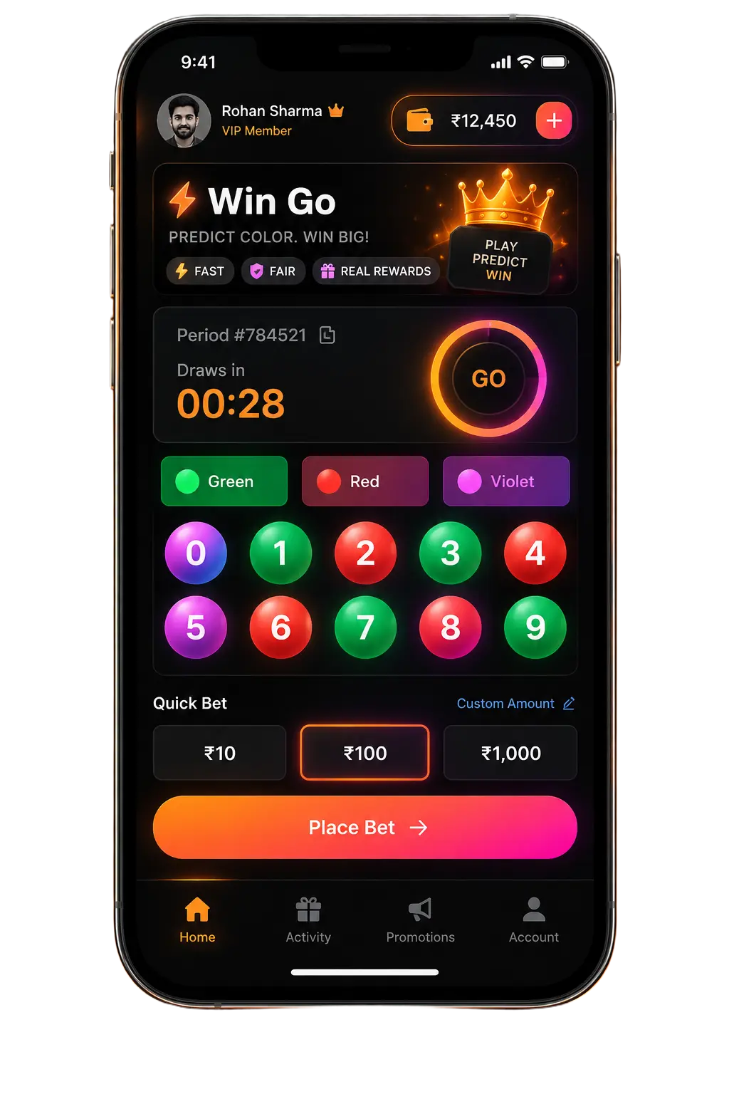 RaxiWin app screen showing the Win Go color prediction game
